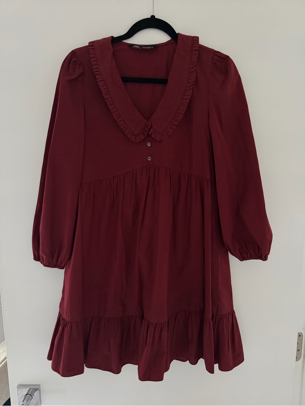 Zara Ruffled V-Neck Tiered Babydoll Dress - Deep Wine